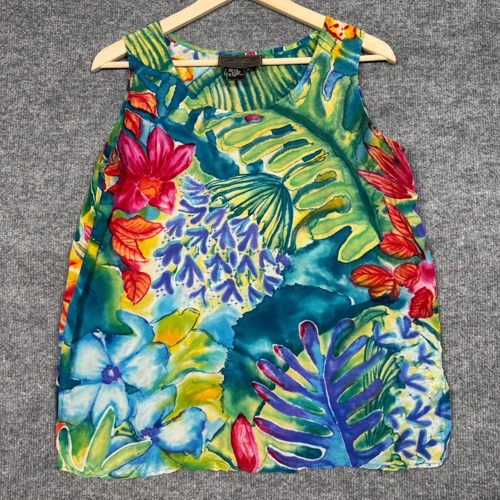 Diane Gilman Size Medium Tank Top Blue Silk Layering Vacation Tropical Summer
